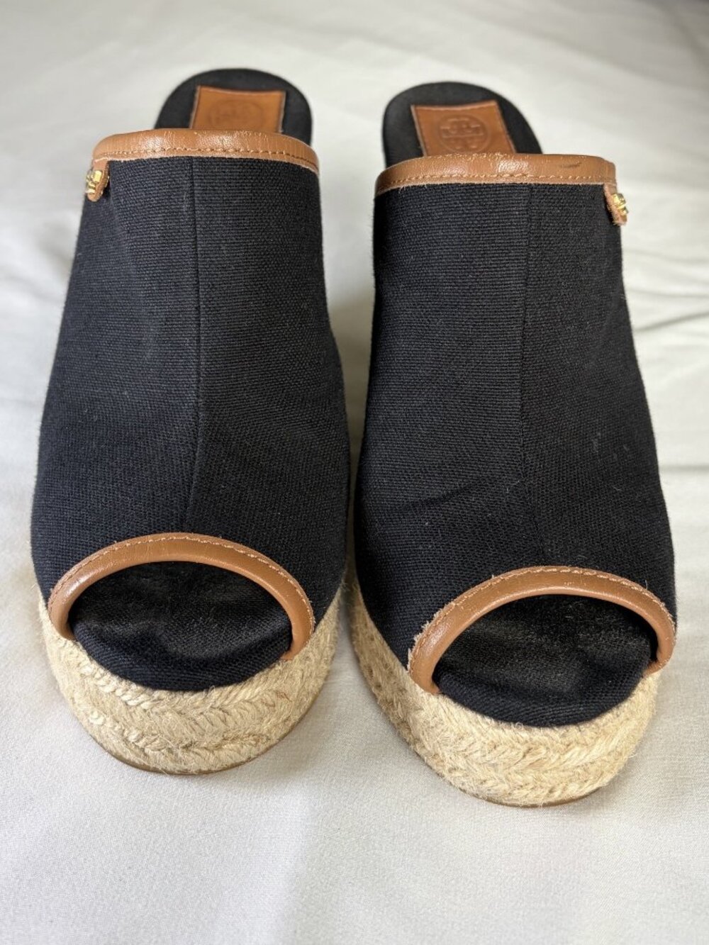 Tory Burch Black Canvas & Brown Leather Trim Espadrille Mules